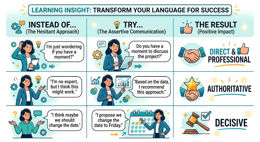 Transform Your Language for Success infographic showing how to swap hedging phrases for assertive communication to achieve direct, authoritative, and decisive results